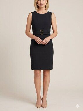 Calvin Klein Black Sleeveless Dress 14 Back Zipper Faux Belts Gold Accents EUC